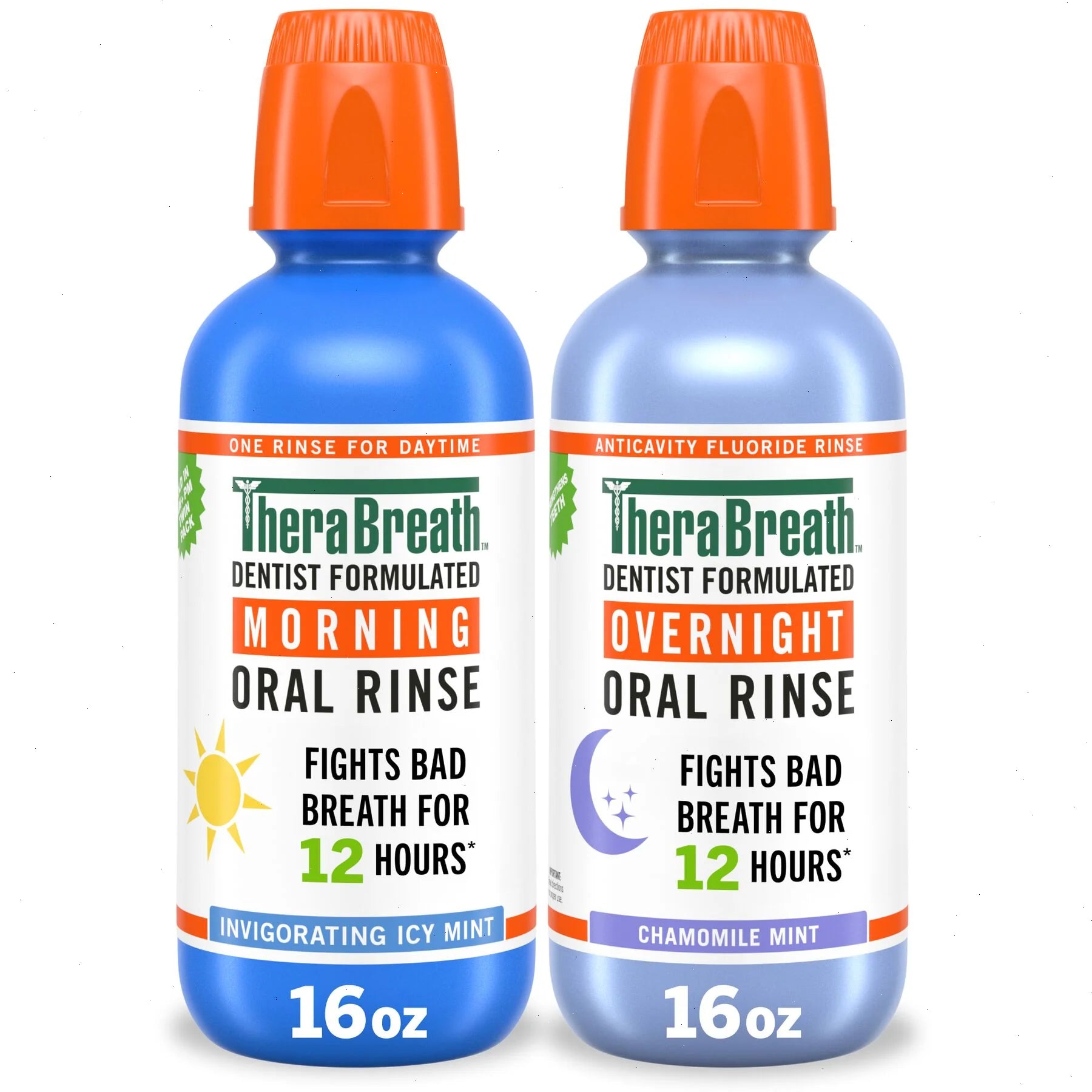 TheraBreath AM + PM Mouthwash Bundle, Morning & Overnight Rinses, 16 fl oz,