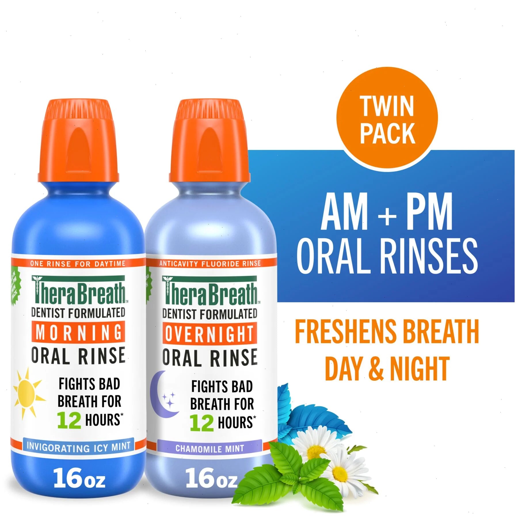 TheraBreath AM + PM Mouthwash Bundle, Morning & Overnight Rinses, 16 fl oz, - View 2
